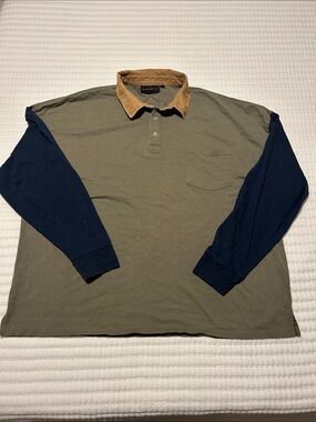 Men's Olive Green Rugby Polo with Navy Sleeves and Brown Collar XL Oversized